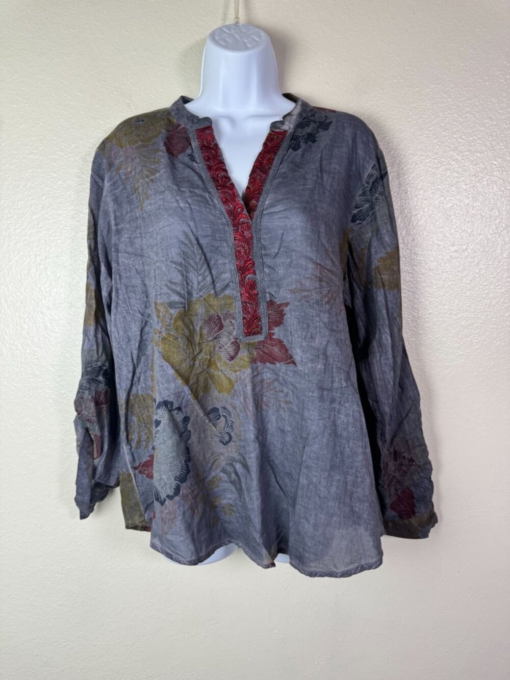 Vintage Goa Floral Blouse Top Long Sleeves Women sz Large Lagenlook Embroidered